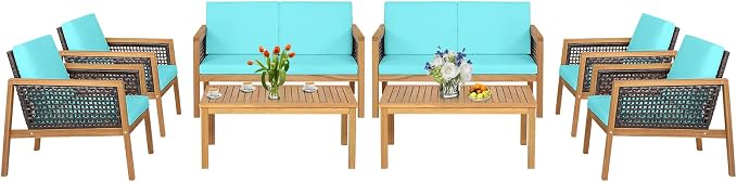 8 Pieces Outdoor Acacia Wood Furniture Set, Outdoor PE Wicker Conversation Set with Coffee Table and Soft Cushions, Outdoor Sofa Set for Garden, Poolside and Backyard