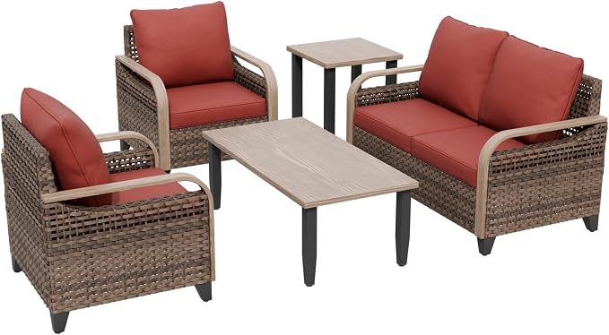 COOS BAY Modern Wicker Outdoor Furniture Set, 5 Piece Patio Conversation Set with 2 Patio Chairs, a Loveseat, Coffee Table and Side Table, 5 Piece, Brown/Red