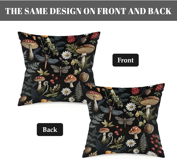 18x18 Inch Outdoor Pillow Covers Set of 2 Waterproof Throw Pillow Covers Decorative Couch Cushion Covers Mushrooms Dragonflies Leaf Square Pillowcases Protectors for Patio Garden Sofa