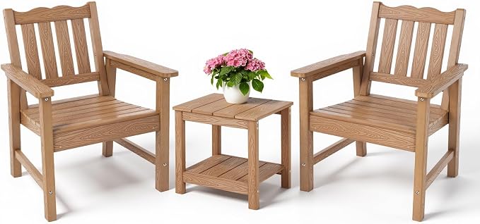 Stoog 3-Piece All-Weather Garden Chairs Set of 2 with Table, Outdoor Dining Chair with 400 lbs Weight Capacity, Patio Bistro Set for Porch, Backyard, Lawn and Deck, Teak
