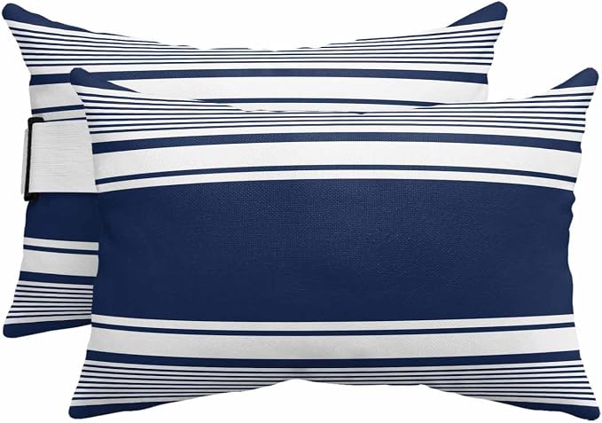 Outdoor Lumbar Pillow Set of 2, Farmhouse Navy Blue Waterproof Beach Headrest Pillow with Inserts, Farmhouse Blue Line Striped Recliner Throw Pillows for Patio Furniture, 12 x 20