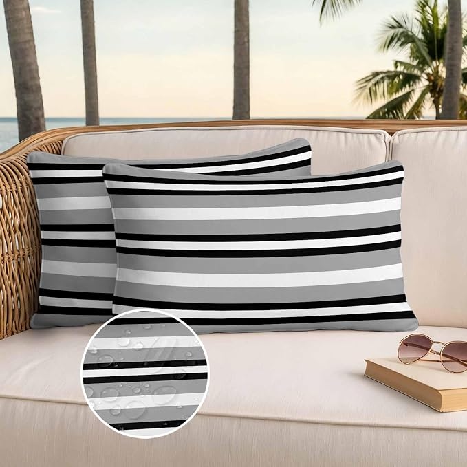 Lumbar Pillow Covers 20x12 Inch Set of 2, Black Gray Striped Waterproof Outdoor Pillow Covers, Contemporary Minimalist Lines Art Decorative Cushion Pillowcases for Couch, Sofa, Bed, Garden, Patio