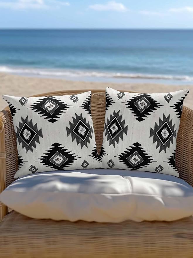 Waterproof Outdoor Pillow 1 Pack Gray Boho Aztec Decorative Throw Pillows Cover & Insert 16x16 Inch Pillowcase Southwest Tribal Style Square Pillows for Couch Sofa Bed Patio Furniture Indoor Outdoor