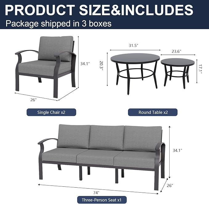 Kurapika Aluminum Patio Furniture Set 5-Seat Modern Metal Outdoor Conversation Sets w/5.1 Inch Cushion Patio Sectional Sofa with 2 Round Coffee Tables, Grey