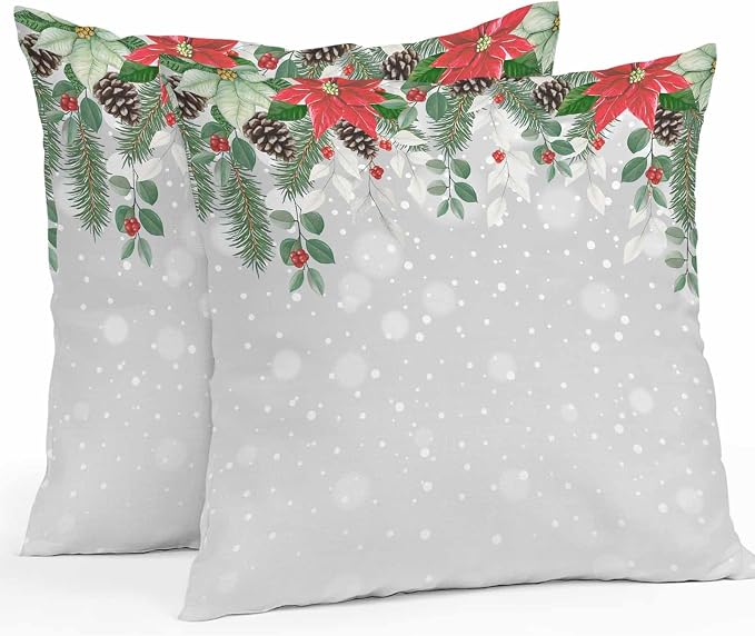 Outdoor Throw Pillow Covers, Christmas Poinsettia Flower Pine Cones Eucalyptus Leaf Winter Snowflake Gray Waterproof Pillowcases Cushion Covers Cases for Patio Couch Bench, Pack of 2 Square, 16"X16"