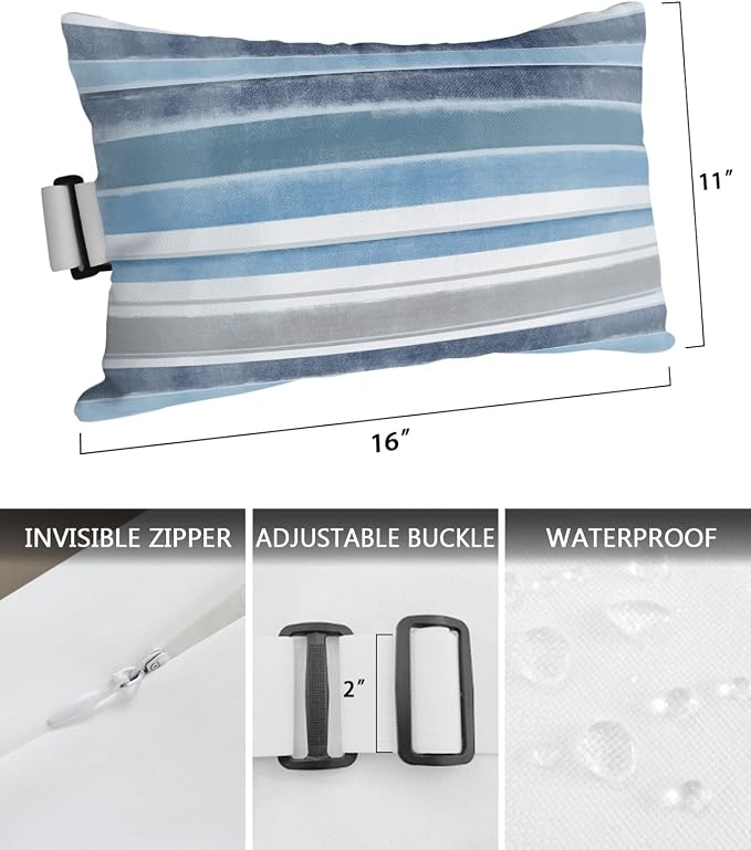 Outdoor Pillows Covers with Inserts Northern Europe Blue Vintage Stripes Waterproof Recliner Pillow with Adjustable Strap Throw Pillows for Patio Furniture Pool Lounge Chair, 11x16 inch, 1PCS