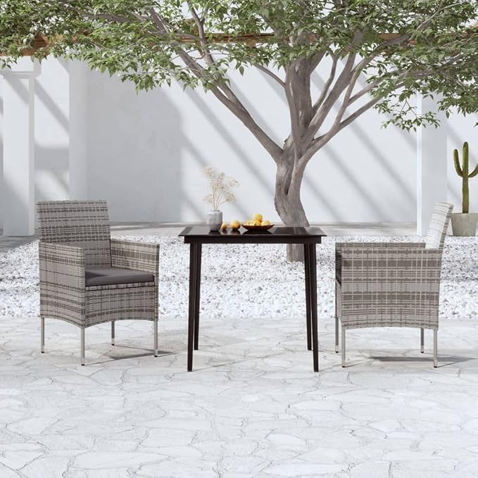 3 Piece Garden Dining Set Modern Black and Gray PE Rattan Patio Bistro Set with Square Table and 2 Chairs Cushioned Outdoor Conversation Furniture Set for Balcony Backyard