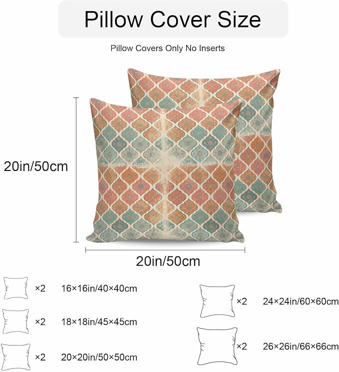 Orange Teal Boho Outdoor Pillow Covers 26x26 Inch Throw Pillow Covers Set of 2 Waterproof Decorative Pillow Cases Morocco Vintage Abstract Geometric Cushion Covers for Patio Furniture Garden Couch