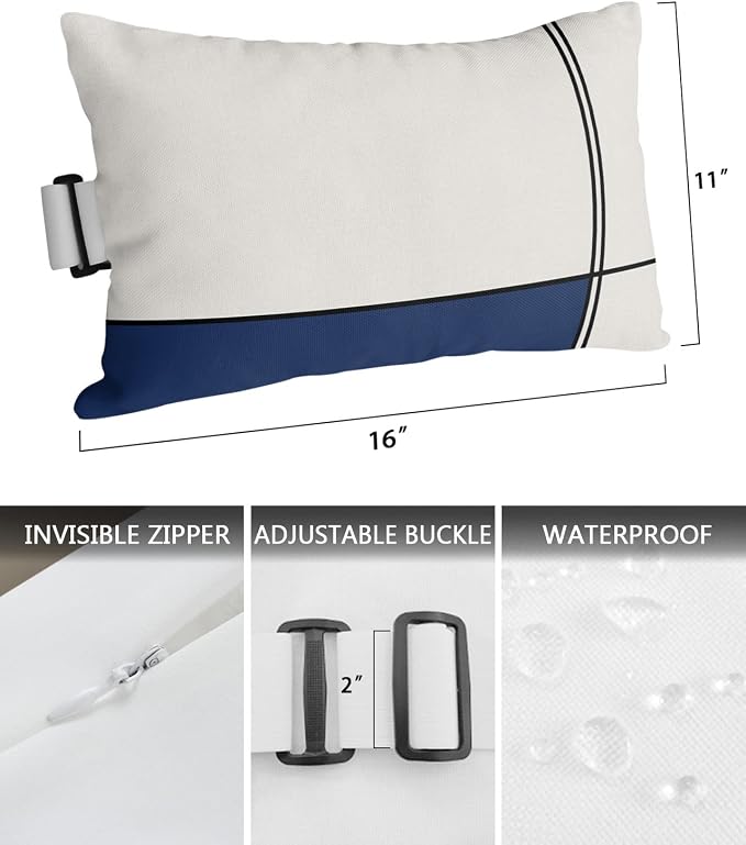 Outdoor Pillows Covers with Inserts Abstract Gemoetric Art Navy Blue Color Block Waterproof Recliner Pillow with Adjustable Strap Throw Pillows for Patio Furniture Pool Lounge Chair, 11x16 inch, 1PCS
