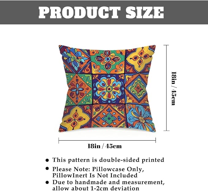 18x18 Inch Outdoor Pillow Covers Set of 2 Waterproof Throw Pillow Covers Decorative Couch Cushion Covers Mexican Floral Checkered Square Pillowcases Protectors for Patio Garden Sofa