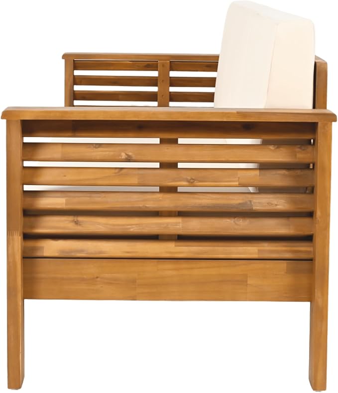 Merax 3 Piece Acacia Wood Patio Furniture Set, Outdoor Sectional Sofa Set with Coffee Table, 4 Seats Sofa Deep Seating with Soft Cushions for Garden, Backyard, Teak & Cream