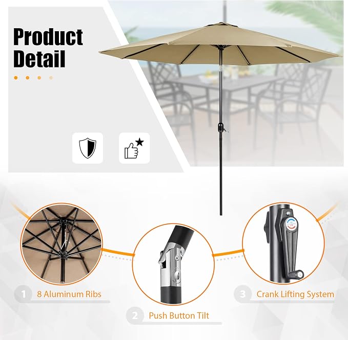 Crownland 5 Piece Patio Dining Set, 4 Swivel Metal Chairs and Square Outdoor Dining Table with Khaki 9FT Round Outdoor Umbrella (Metal Tabletop)