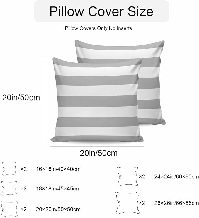 Outdoor Waterproof Throw Pillow Covers Set of 2 Grey White Stripe Pillowcases 26x26 Inches Simple Style Striped Decorative Pillows Cushion Case Patio Pillows for Couch Bed Chair Garden