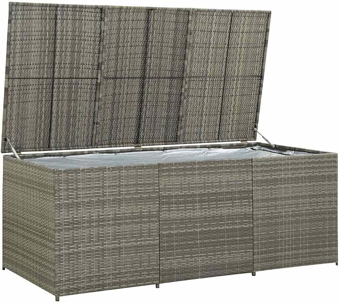 Grey PE Rattan Garden Storage Box, Collapsible Outdoor Storage Chest with Steel Frame