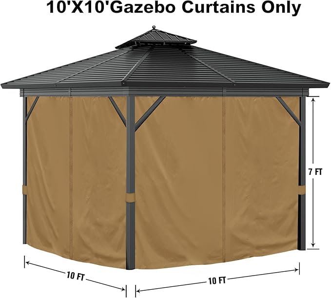 10'x10' Privacy Gazebo Curtains Outdoor Waterproof, 4-Panels Sidewall Curtains Universal Replacement with Zipper for Patio, Backyard, Garden (Only Curtains, Khaki)