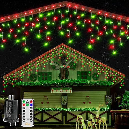 Ollny Icicle Lights for Outside 400LED 32FT, Red and Green Christmas Light with Remote 8Modes Timers Waterproof, Plug in Connectable Hanging Lights for Outdoor Indoor House Roof Holiday
