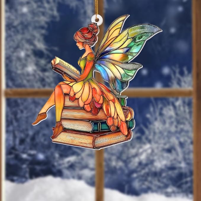 Fairy Stained Glass Style Acrylic Suncatcher, Fairy Ornament Window Hanging, Book Lover Gift for Women, Fairy Decor, Teacher & Librarian Book Club Decorations, Christmas Tree Ornament 4.5"(Sun-15)