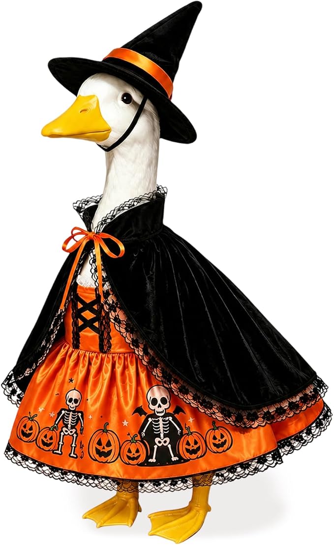 Halloween Porch Goose Outfits 3 Pcs Geese Outfit Outdoor Garden Statue | Ghost Cape Pumpkin Dress Witch Hat Set Cute Gooses Set Goose Clothes for Halloween Patio Yard Decor