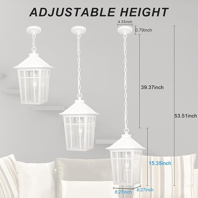 Darkaway Large Outdoor Pendant Light Fixture, 16inch Outdoor Hanging Light Porch Lights Fixtures Waterproof Aluminum with Seeded Glass for Entryway Doorway Farmhouse Patio Courtyard (White，Large)