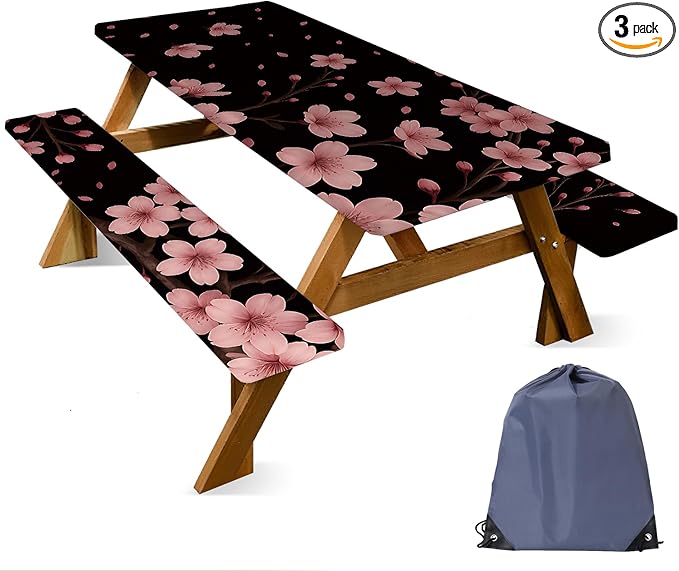 ANNA QUEEN Spring Floral 6FT Picnic Table Cover with Bench Covers Set of 3 with Drawstring Bag, Cherry Blossom Pink Flowers 72"x30" Waterproof Picnic Tablecloth & Bench Covers for Outdoor Garden
