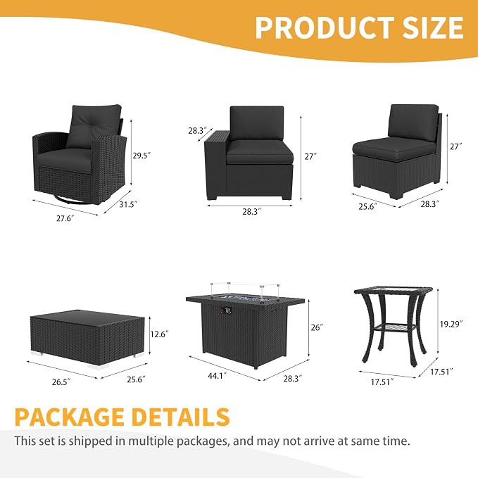 LayinSun 10 Pieces Patio Furniture Set with Fire Pit Table, Black Rattan Modular Sectional Outdoor Conversation Sofa Set, Swivel Rocking Chairs Set