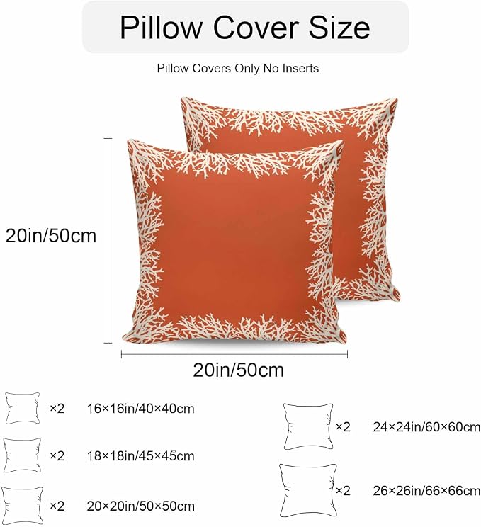 Vandarllin Outdoor Throw Pillows Covers 18x18 inch Set of 2 Waterproof Orange Coral Decorative Zippered Cushion Covers for Patio Furniture, Coastal Marine Life Lumbar Pillowcases