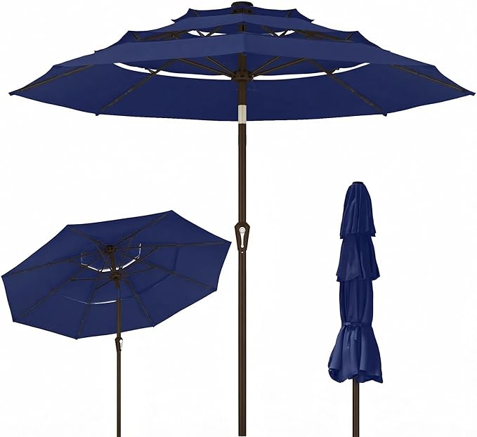 Kingdura 9ft 3-Tier Patio Umbrella, Outdoor Table Umbrella with Easy Crank & Tilt, 8 Reinforced Ribs, UV Protection for Deck, Pool, Market, Backyard (Navy blue)