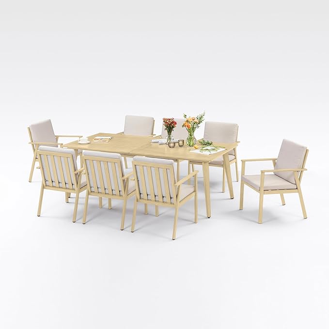 9 Pieces Outdoor Dining Set, Never-Rust Aluminum Patio Furniture Set with Umbrella Hole, All-Weather Outdoor Patio Dining Set for 8, Patio Table and Chair Set for Garden, Lawn, Maple Wood