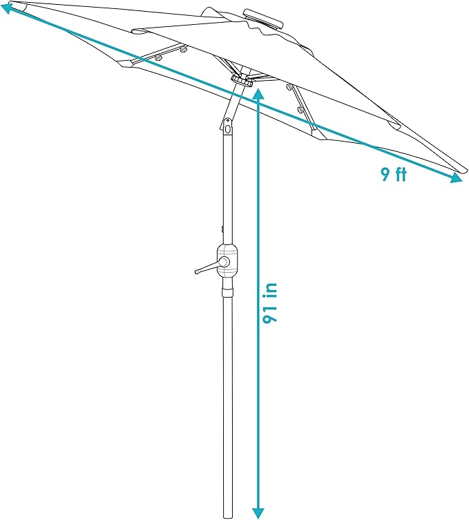 Sunnydaze 9 ft Striped Patio Umbrella with Solar Lights - Polyester LED Table Market Umbrella with Tilt and Crank - Awning Stripe