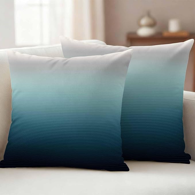 Waterproof Pillow Covers Set of 2,Black Teal and Gray Color Ombre Outdoor Pillow Protectors with Zipper Pillowcases for Patio Tent Garden Beach 24x24 Inches Modern Abstract Stripe Art