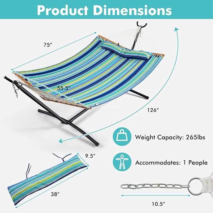 Portable Blue-Green Beech Wood Foldable Hammock with Detachable Pillow for Patio/Balcony 55.5x75in, 265lb Capacity Contemporary