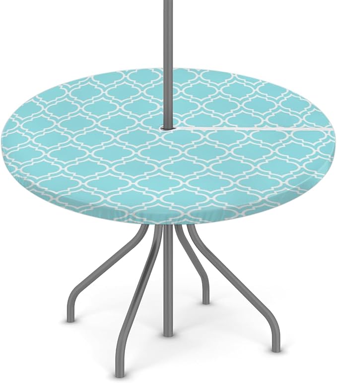 Fitted Round Tablecloth with Umbrella Hole and Zipper Aqua Blue Moroccan Outdoor Elastic Table Cloth 45"-56" Oil-Proof Waterproof Patio Table Cover for Dining Picnic Party