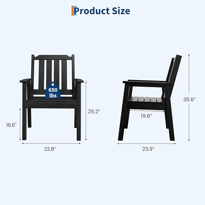 GarveeLife Outdoor Dining Chairs Set of 4, HDPE Patio Chairs 650LBS Capacity All-Weather Yard Armchair with Slatted Seat, 23.9" Wide Heavy Duty Modern Backyard Furniture for Garden, Poolside, Deck