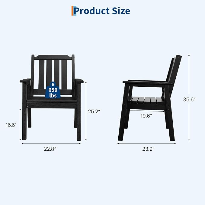GAOMON Outdoor Patio Dining Chairs Set of 4, All-Weather HDPE Garden Dining Chairs with Armrests, Wide Seat and Sturdy Frame,Waterproof Design, for Garden, Backyard, Deck, Black