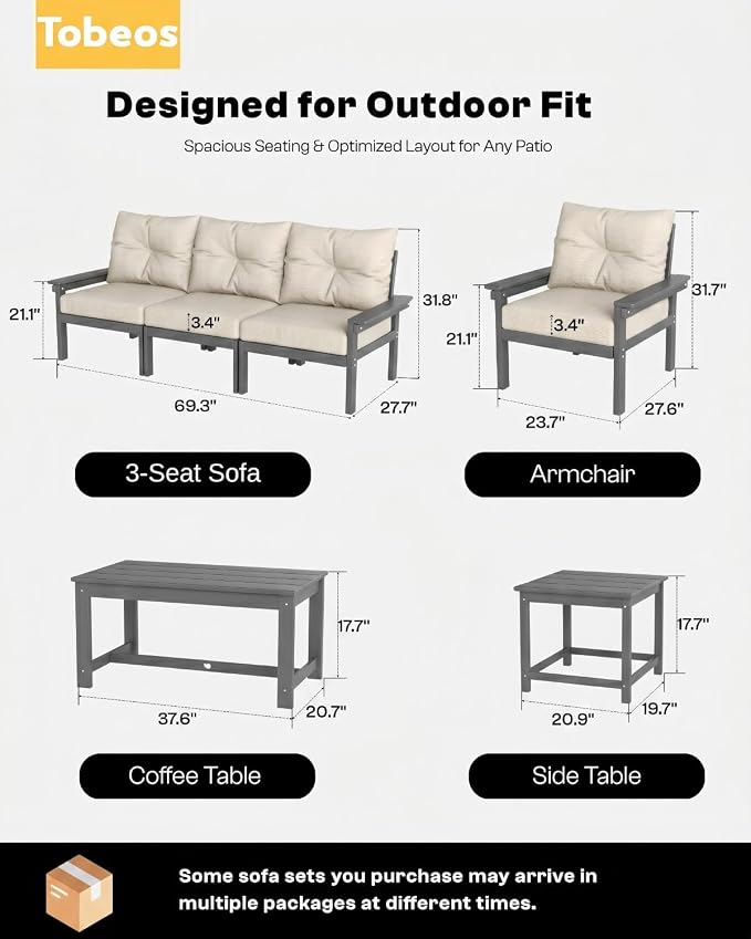 HDPE 7 Piece Patio Furniture Set, All-Weather Outdoor Couch Set with Thick Cushions & Table & Umbrella, Patio Conversation Sets for Lawn, Garden, Porch, Balcony, Deck, Poolside, Grey & Beige