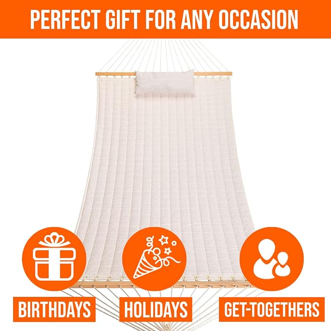 Castaway Living Large Natural Solid Quilted Polyester Hammock – 11.5 ft. x 52 in., 350 lb Capacity, Pillow, Storage Bag, Extension Chains & Tree Hooks – Durable Outdoor Lounger
