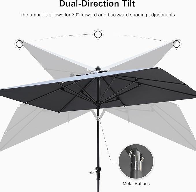 PURPLE LEAF 10' x 6.5' Rectangle Patio Market Umbrella with Base Outdoor Table Umbrellas Aluminum Frame Sun Shade with 8 Sturdy Ribs Tilt for Garden Deck Lawn Pool Light Gray