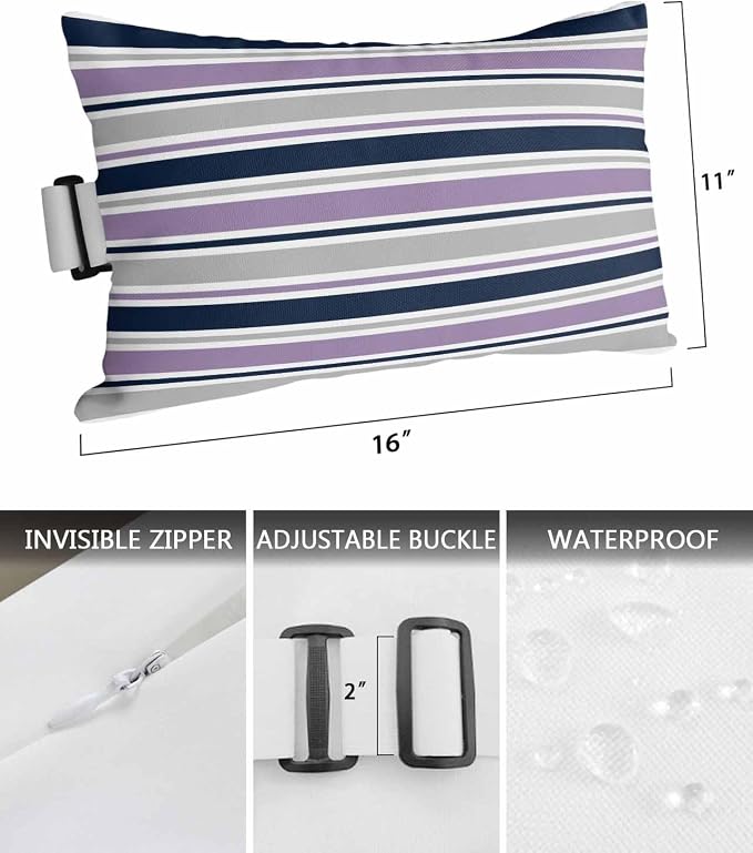 Pack of 2 Outdoor Lumbar Pillow Covers 11x16 Inch, Purple Grey Striped Waterproof Throw Pillow Covers Set, Farmhouse Stripes Modern Abstract Art Outside Decorative Cushion Cases for Patio Porch Car