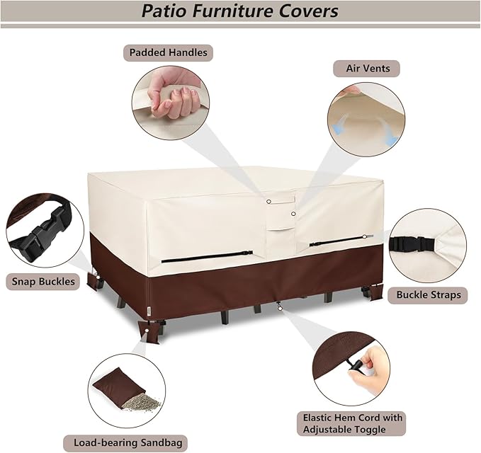 Patio Furniture Covers,Outdoor Furniture Cover Waterproof,600D Rectangular Patio Heavy Duty Table Cover,Outdoor Dining Table and Chair General Purpose Furniture Covers 126"L x 63"W x 28"H-Beige