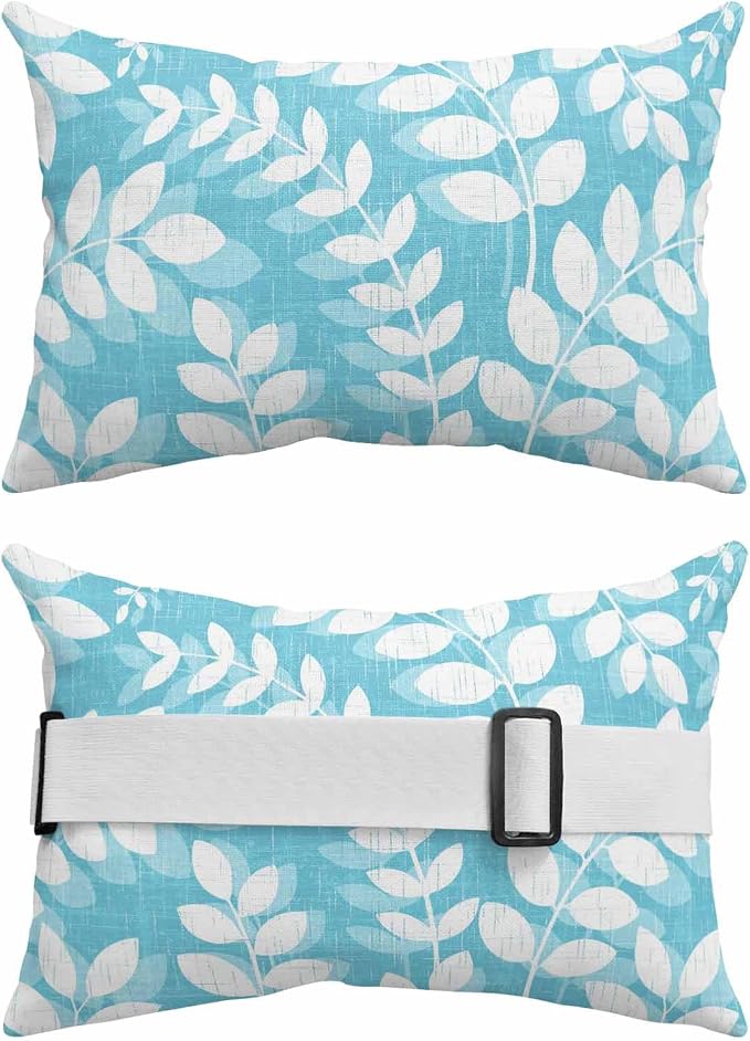 Outdoor Lumbar Pillow Set of 1, Light Blue Leaves Waterproof Beach Headrest Pillow with Inserts, Farmhouse Botanical Branch Vintage Boho Leaf Recliner Throw Pillows for Patio Furniture, 11 x 16