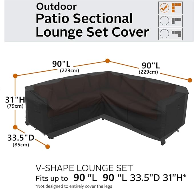 Upgraded Patio Furniture Covers, Waterproof Outdoor Sectional Cover, 600D PU Outdoor Furniture Sofa Covers 90" x 90" V Shape Oudoor Couch Cover, L-Shaped Lawn Outside Protector - Midnight Black