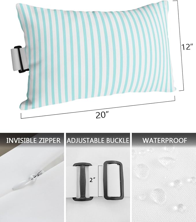 Pack of 2 Outdoor Lumbar Pillow Covers 12x20 Inch, Thin Aqua Striped Waterproof Throw Pillow Covers Set, Farmhouse Modern Stripes Indoor&Outdoor Decorative Cushion Cases for Patio Porch Car