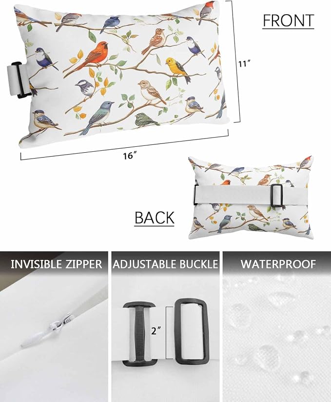 Outdoor Lumbar Cushions with Inserts, Spring Colorful Birds Watercolor Animal Waterproof Fluffy Fade Body Pillows, Patio Furniture Pillow for Home Balcony Garden Decor 11x16IN