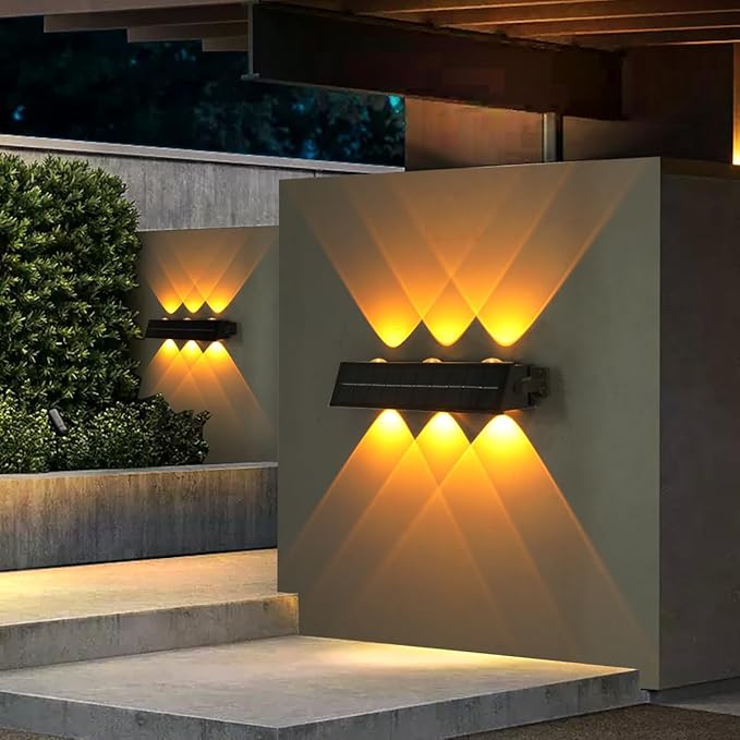 Solar Wall Lights Outdoor Waterproof 2 Pack, Up & Down Solar Fence Lights, Dusk to Dawn Decorative Solar Lights Outdoor for Fence Deck Step Porch Patio, Warm White LED, Easy Install