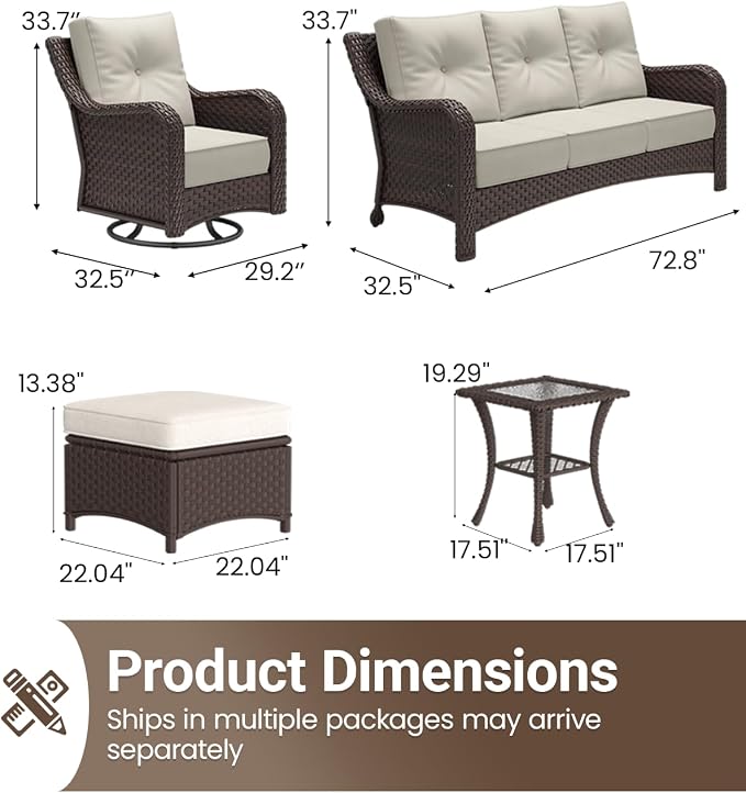 7 Pieces Outdoor Furniture Set with 6-inch Cushions, High Back Wicker Swivel Rocker Chairs with Coffee Table, Luxury Conversation Set for Deck Patio and Poolside