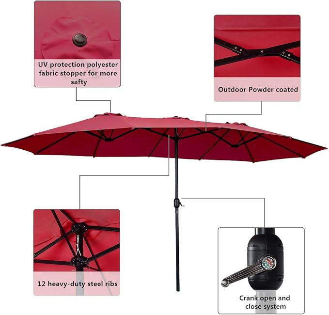 Tangkula 15 Ft Patio Umbrella Double-Sided Outdoor Market Table Umbrella with Crank (Wine Red)