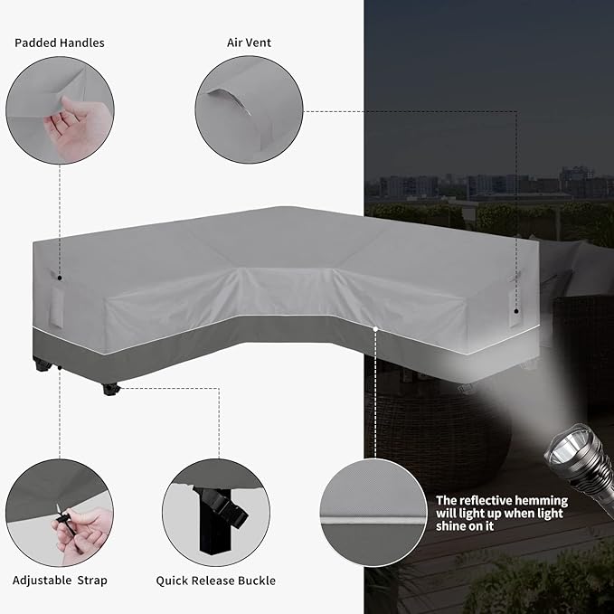 Easy-Going Outdoor V-Shaped Sectional Sofa Cover 118"X118" UV Resistant Patio Sectional Couch Cover Waterproof Lawn Patio Furniture Cover, Gray/Dark Gray