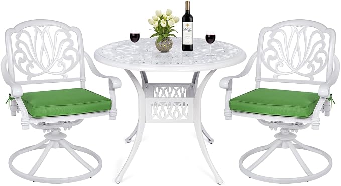MEETWARM 3-Piece Outdoor Patio Dining Set, All-Weather Cast Aluminum Patio Conversation Set for Backyard Garden with 2 Cushions Swivel Rocker Chairs and 35.4" Round Table, 2.2" Umbrella Hole, White