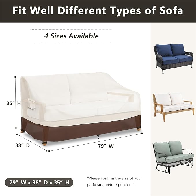 Outdoor Couch Cover, 3-Seater Patio Sofa Covers Fits up to 79" W x 38" D x 35" H, Waterproof Patio Furniture Covers, Beige