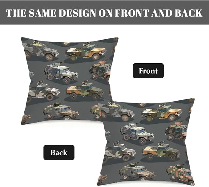 16x16 Inch Outdoor Pillow Covers Set of 2 Waterproof Throw Pillow Covers Decorative Couch Cushion Covers Army Vehicles Car Truck Square Pillowcases Protectors for Patio Garden Sofa